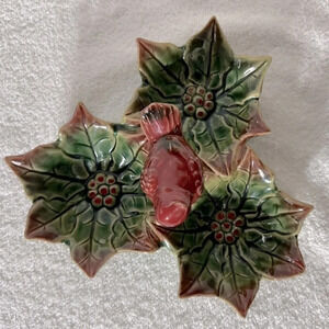 Vintage Ceramic Cardinal On  Poinsettia 3 Bowl Serving Dish